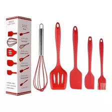 Jogo 5 Colheres De Silicone Cabo Inox Utensílios Cozinha