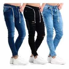 Kit Calça Jeans Masculina Skinny Rasgada Zíper Lycra Slim