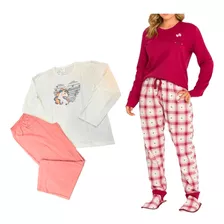 Kit 2 Pijamas Plus Size Feminino Manga Longa Moletin Inverno