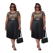 Saia Midi Plissada Tendencia Evase Plus Size