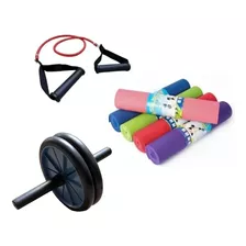 Kit Colchoneta Mat + Rueda Abdominal + Banda Elastica Gym