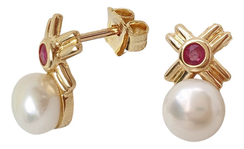 Brinco De Ouro 18k 750 Com Rubelitas E Pérolas Amarelo