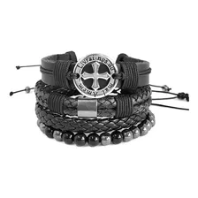 Kit Pulseiras Masculinas Couro Preto Combo Livrai -me Black