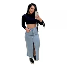 Saia Jeans Midi Com Botão E Fenda Frontal