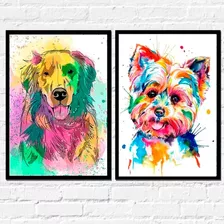 Quadros Yorkshire E Golden Dogs Colorido Decorativos 40x60cm