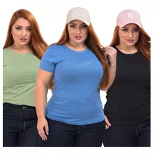 Kit 3 T Camiseta Tshirt Feminina Plus Size Gola Redonda Lisa
