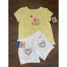 Short Jean Blanco Bordado Y Remera Nena Talle 2 Osh Kosh