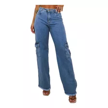 Calça Jeans Feminina Wide Leg Marmorizada Bolso Lateral Moda