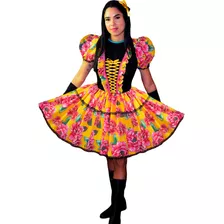 Vestido De Festa Junina Caipira Adulto Com Luva E Fitas 