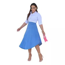 Saia Jeans Midi Social Godê Rodada Estilo Moda Evangélica