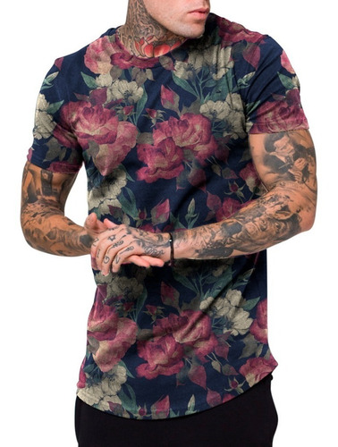 Camiseta Camisa Masculina Long Line Florido Floral Swag Top