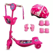 Patinete Infantil Cesta Frozen + Kit Proteção Completo