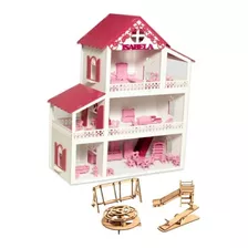 Casinha De Boneca Branca Pink+ 36 Móveis Rosa Parque+ Led