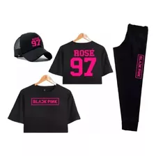 Kit Camisa Cropped + Calça + Boné Feminino Blackpink Rose