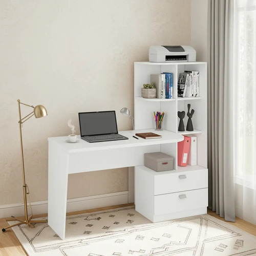 Mesa Computador Elisa C/ 2 Gavetas E 6 Nichos Branco - Permó Branco
