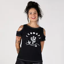 Blusa Estilo Cropped Com Estampa De Cactos E Lua