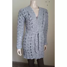 Saco Tapado Trench Tejido A Mano Crochet Lana Mujer