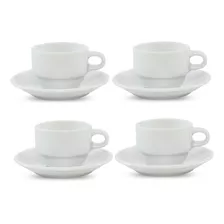 4 Tazas Blancas De Café Con Plato Apilable 100ml Porcelana 