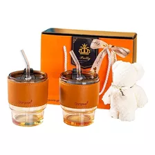 Set Regalo 2 Vaso Vidrio Resistente 450ml Bombilla + Toalla