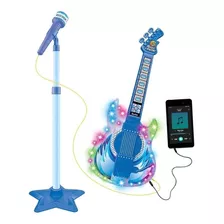 Kit Infantil Guitarra Microfone Karaokê Azul Som Luz Mp3