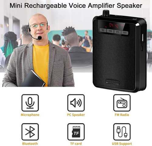 canto mini amplificador de voz recargable portátil con Bluetooth de 3000 mAh con micrófono y auriculares Amplificador de voz compatible con audio en formato MP3 para profesores entrenadores 