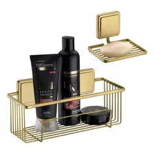 Kit Porta Shampoo Saboneteira Adesivo Dupla Face Dourado