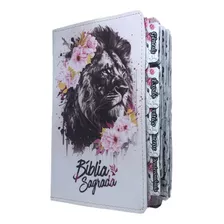 Bíblia Pentecostal Leão Feminina Com Índice Abas Floral Adesiva Letra Gigante - Flores Rosa