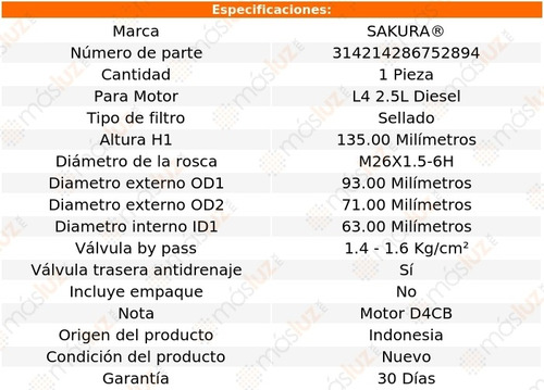 1) Filtro Aceite H300 2.5l 4 Cil Diesel 15/20 Sakura Foto 3