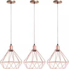 3 Pendentes Diamante Lustre Luminária Aramado Luxo Rose Gold