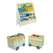 Kit Rack Book + 2 Caixotes Toy Box Organizadores Kids Madeir