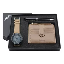 Set Reloj Hombre Cartera Tarjetero Pluma Elegante Color De La Correa Café/negro