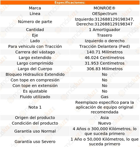 (1) Amortiguador Tra Oespectrum Der O Izq Montego Fwd 05/07 Foto 2