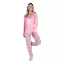 Pijama Estampado Feminino Adulto Comprido Frio Manga Longa