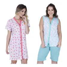 Kit Com Botão Para Cirugia Pós Operatório Parto E Idosas Com 1 Camisola E 1 Pijama Com Bermuda E Blusa Camiseta Aberta