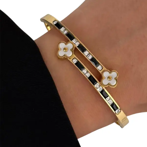 Esclava De Acero Ench Oro 18kt Florcitas Cz Dorado 6 Cm