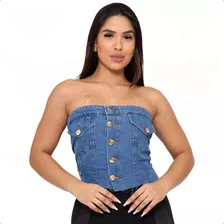 Blusa Top Cropped Jeans Tomara Que Caia Com Botões Frontal