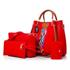 Set 4 Bolsas Mujer Cosmetiquera Bandolera Cartera Hombro Color Rojo