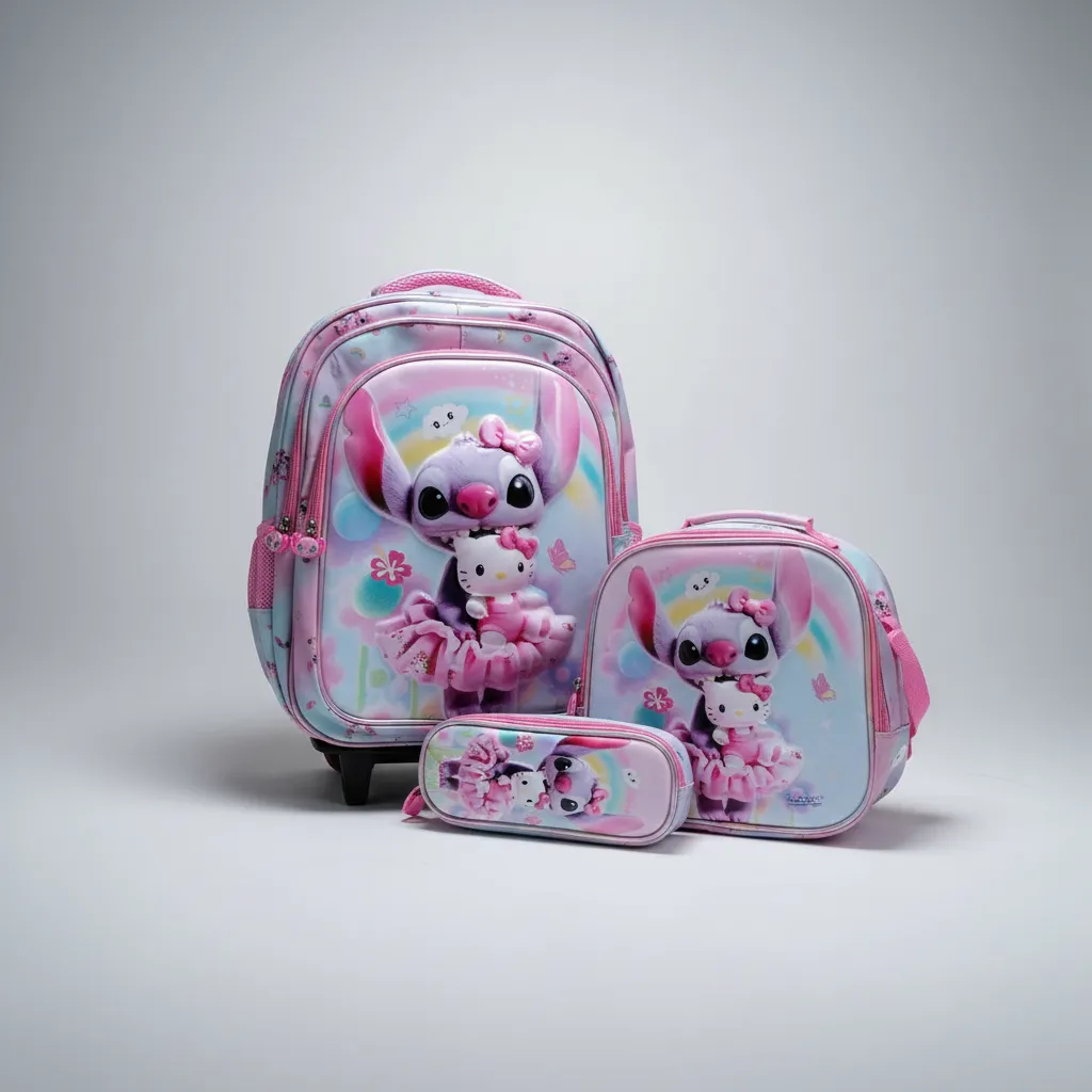 Set X 3 Mochila + Lonchera+ Cartuchera Stitch 3d Rosa Pálido Stitch