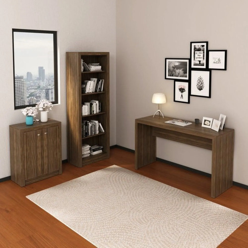 Kit 3 Peças Com Escrivaninha, Estante E Armário Wt Marrom