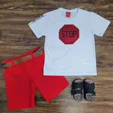 Conjunto Verão Stop Bermuda Vermelha Infantil Menino Roupa