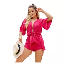 Saída De Praia Kimono + Short Rosa Barbie Blogueira Verão