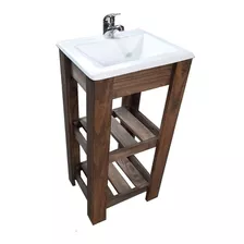 Mueble Para Baño Df Hogar Campo Pie + Bacha De 50cm De Ancho, 80cm De Alto Y 37cm De Profundidad, Con Bacha Color Blanco Y Mueble Nogal Oscuro Con Un Agujero Para Grifería