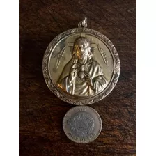 Antigua Medalla Grande Virgen De Guadalupe & Sagrado Corazón