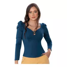 Blusa Trebol Tyt Color Azul, Cuello V Y Manga Larga