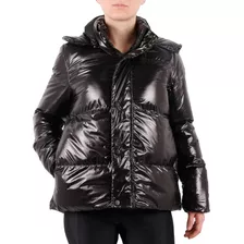 Campera Puffer Hifel Con Capucha Brillante Mujer Negro