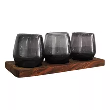 Set De 3 Vasos Con Base De Madera Parota De Vidrio Soplado