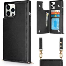 Funda Para iPhone 12 Pro Max - Negra Con Tarjetero + Correa