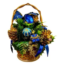 Adorno Cesta Navideña Mimbre Flores Bolas Navidad 20cm - Cc