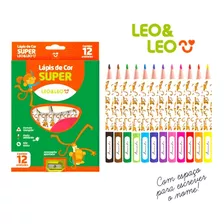 Lápis Super Jumbo 12 Cores Grosso + Apontador Leo E Leo