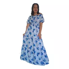 Vestido Longo Floral Azul Moda Evangélica